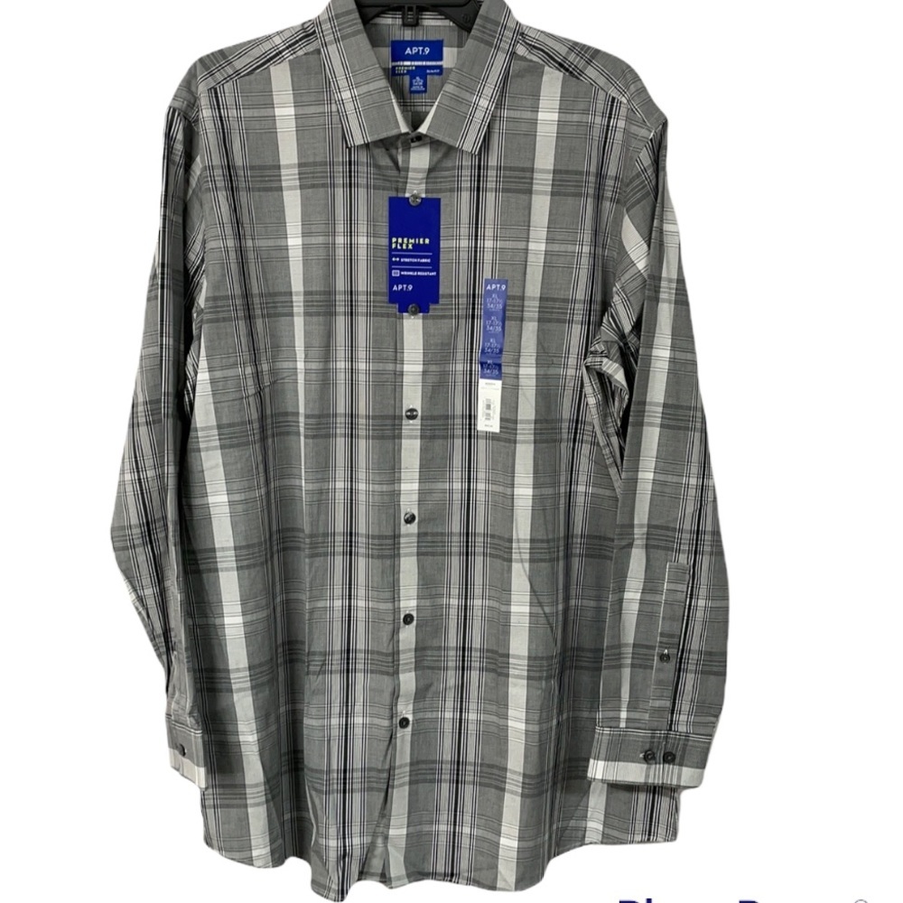 NWT XL 17-17.5 34/35 APT9 Men’s Button Down Long Sleeve Shirt Black White